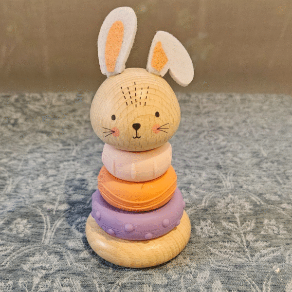 “Cute bunny stacking rings made from non-toxic, BPA-free materials”