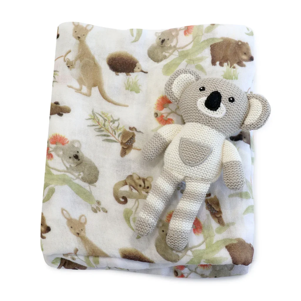 Koala Muslin Swaddle Wrap and Rattle Toy Gift Set Australian Baby Gift