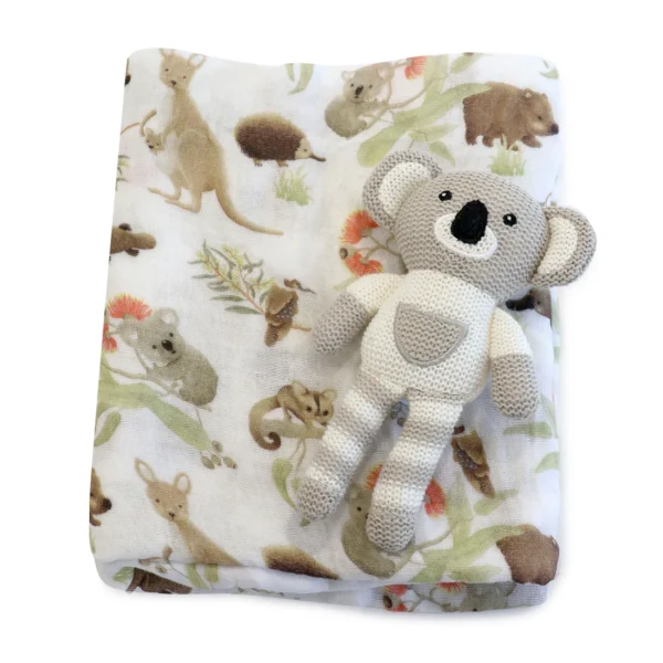 Koala Muslin Swaddle Wrap and Rattle Toy Gift Set Australian Baby Gift