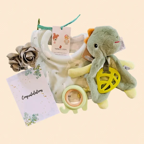 Unisex baby gift set hamper with dinosaur snuggle buddy