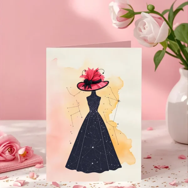 A greeting card featuring a minimalist illustration of a woman in a wide-brimmed pink hat and a dark navy maxi dress patterned with celestial constellations, set against a soft watercolor background and surrounded by pink roses.