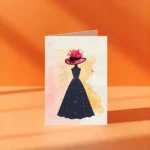 Stylish Lady Maxi Dress Card | Black Gown & Pink Feather Hat