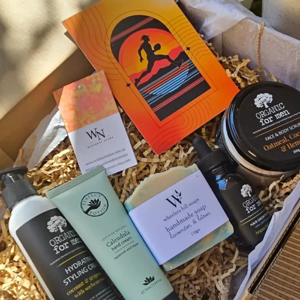 Top-down view of a premium father gift box in Australia featuring organic skincare and handmade soap.