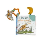 Guess How Much I Love You Baby Soft Book with an orange star clip and teal teether corner.