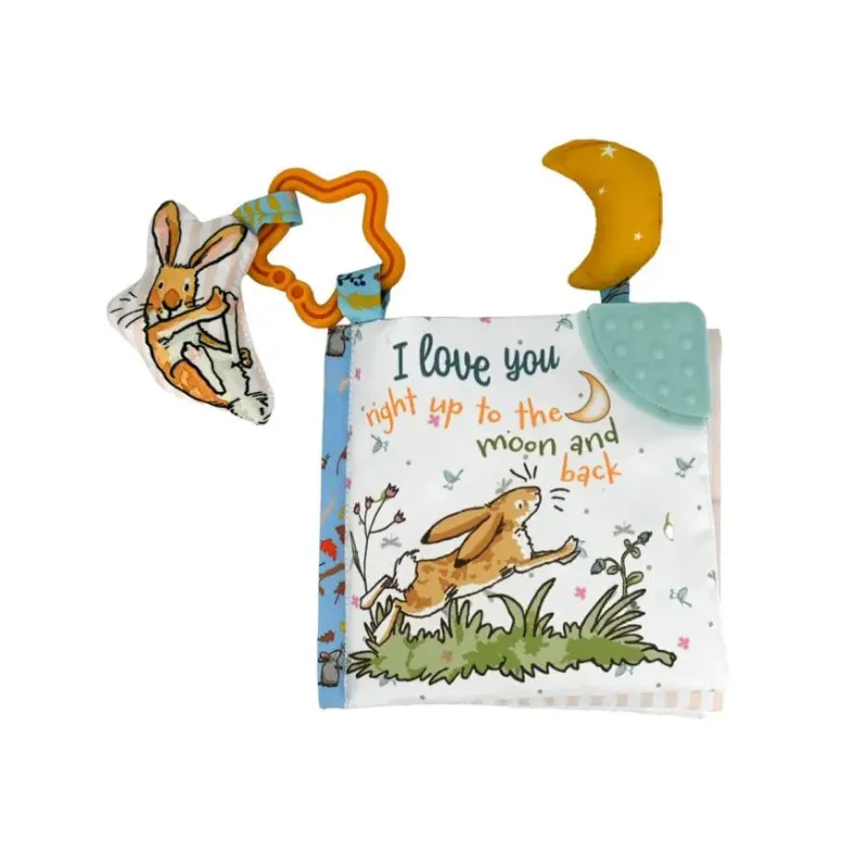 guess-how-much-i-love-you-baby-soft-book-front Guess How Much I Love You Baby Soft Book with an orange star clip and teal teether corner.