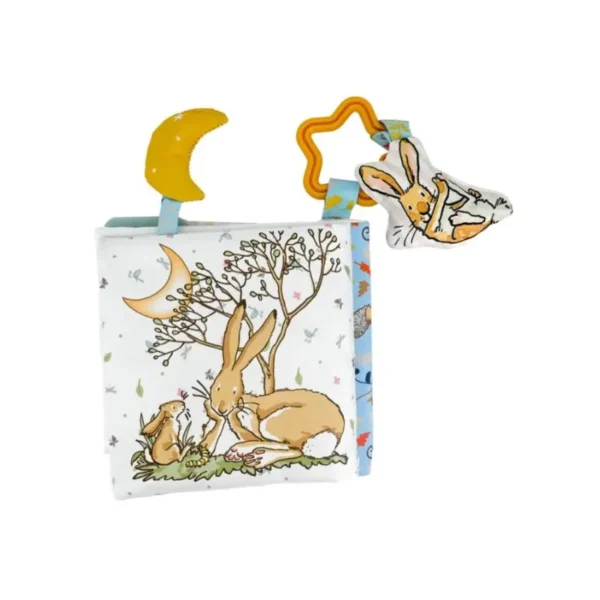Close-up of the textured teether and plush bunny on the Guess How Much I Love You Baby Soft Book.