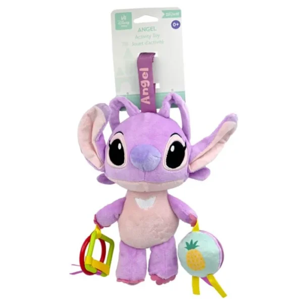 Plush Disney Baby Angel activity toy for infants, featuring a soft purple character doll with hanging plastic teething rings